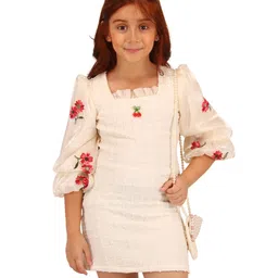 Cutecumber Three Fourth Sleeves Floral Embroidered Knit Textured Dress - Cream image 4