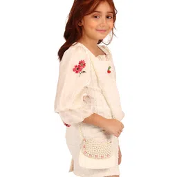 Cutecumber Three Fourth Sleeves Floral Embroidered Knit Textured Dress - Cream image 5