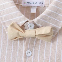 Mark & Mia Half Sleeves Cotton Striped Shirt & Trouser With Bow & Suspender - Khaki image 5