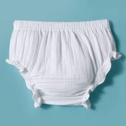 ToffyHouse Cotton Woven Frill Sleeves Solid Frock With Bow Applique & Bloomer - White image 5