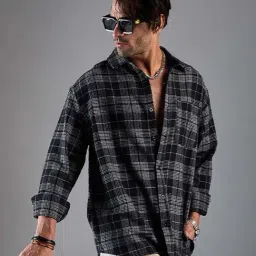 CHIMPAAANZEE Black & Grey Loose Fit Check Oversized Shirt image 3