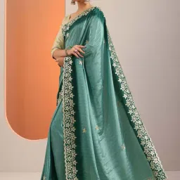 Libas Blue Embroidered Saree With Unstitched Blouse image 3