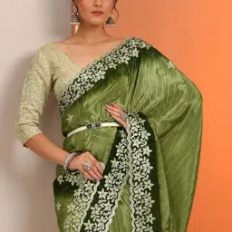 Libas Green Embroidered Saree With Unstitched Blouse image 5