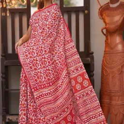Unnati Silks Red Cotton Printed Saree With Unstitched Blouse-picture-26