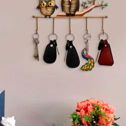 eCraftIndia Unisex Bronw & Orange Handcrafted Owl Theme Tribal Art Iron Key Holder With 5 Hooks image 1