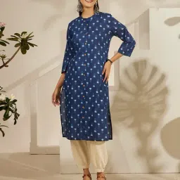 Daali Navy Cambric Mandarin Collar 3/4 Sleeves Basics Kurta with Two Pockets-picture-22