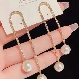 Celestique Rhinestone Studded U-Shaped Drop Earrings-image-6