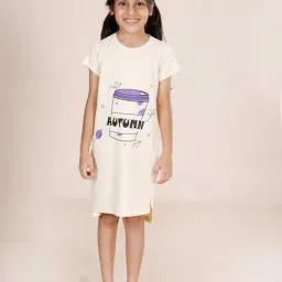 Kiddopanti Girls Beige Cotton Printed Night Dress-image-75