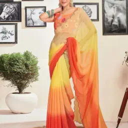 Satrani Yellow & Orange Ombre Saree With Unstitched Blouse-image-36