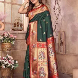 Elora Dark Green Woven Design Saree With Unstitched Blouse-picture-10