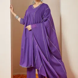 Janasya Women Solid Cotton A-Line Kurta with Trousers & Dupatta image 2
