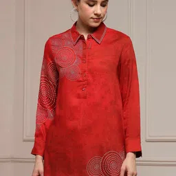 Biba Women Woven Design Shirt Collar Viscose Rayon A-Line Kurti-image-57