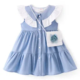 Babyhug Cotton Chambray Woven Sleeveless Solid Frock with Purse - Blue-picture-11