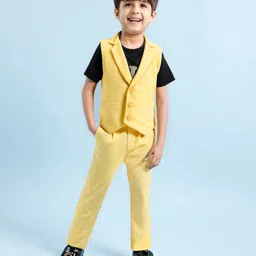 Babyhug Woven Half Sleeves Text Printed T-Shirt with Waist Coat & Trouser Set - Yellow-picture-21