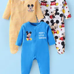 Babyhug Disney Interlock Knit Full Sleeves Sleep Suits with Mickey Mouse & Friends Graphics Pack of 3 - Blue Yellow & White-picture-24
