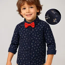 Babyhug Woven Full Sleeves Floral Printed Party Shirt with Bow - Navy Blue-picture-28