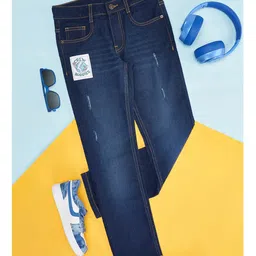 Pantaloons Junior Cotton Typography Patch Detailed Distressed Jeans - Blue-image-11