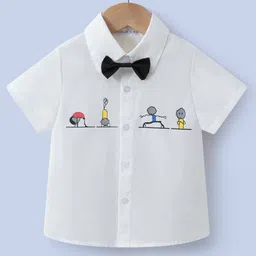 Mark & Mia Cotton Half Sleeves Shirt with Bow & Cartoon Print - White-picture-22