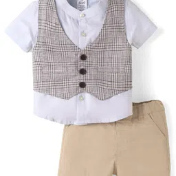 Simply Premium Cotton Woven Half Sleeves Shirt & Shorts Set With Checks Waist Coat - White & Khaki-image-55