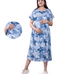 Mamma's Maternity Rayon Short Sleeves Floral & Campflauge Printed Maternity Dress With Nursing Access - Sky Blue-picture-41