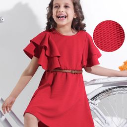 Hola Bonita Knit Flutter Sleeves Textured Fabric Solid Frock With Belt - Red-picture-22