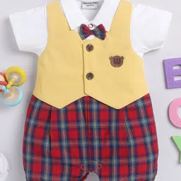 Wonderchild Half Sleeves Bow Applique Detailed & Checked Attached Waistcoat Romper - Mustard & Red-picture-24