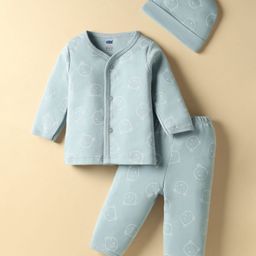 Simply Interlock Knit Full Sleeves Front Open Co-Ord Night Suit with Teddy Print & Cap - Grey-picture-15