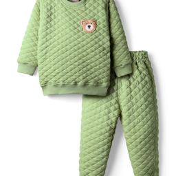 Little Kangaroos Woven Full Sleeves Quilted Winter Wear Sweatshirt & Lounge Pant with Bear Embroidery - Green-picture-4