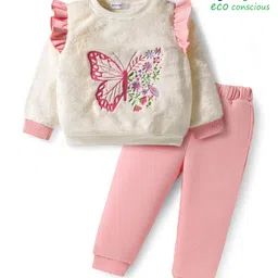 Babyoye Knit Full Sleeves Winter Wear T-Shirt & Lounge Pant With Butterfly Embriodery - Cream-image-95
