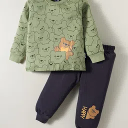 Teddy Interlock Knit Full Sleeves T-Shirt & Joggers Set with Teddy Print - Olive Green-picture-12