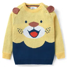 babyoye Babyoye100% Cotton Knit Full Raglan Sleeves Pullover Sweater & Pant Set with Tiger Design & Applique - Yellow & Navy Blue image 2