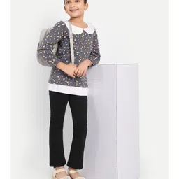 Nino Togs Cotton Jersey Knit Full Sleeves Floral Printed Peter Pan Collar Top & Lounge Pants - Grey & Black image 4