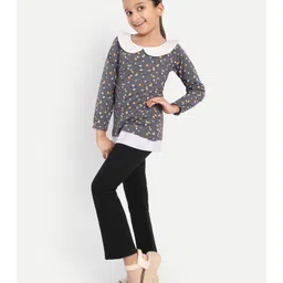 Nino Togs Cotton Jersey Knit Full Sleeves Floral Printed Peter Pan Collar Top & Lounge Pants - Grey & Black image 5