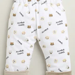 BUMZEE Cotton Blend Knit Full Sleeves Animals Embroidered Hooded Shirt & Pants Set - Beige & White image 5