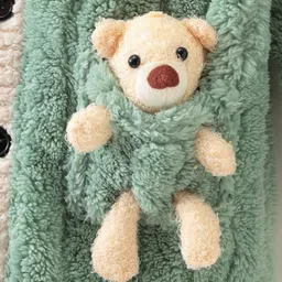 Mark & Mia Full Sleeves Front Open Winter Wear Night Suit with Teddy Bear Applique & Cable Knit Design - Green image 5