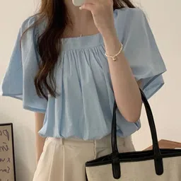 Outzidr Women Square Neck Bubble Hem Top-picture-22