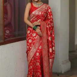 Satrani Red Woven Saree With Unstitched Blouse-image-5
