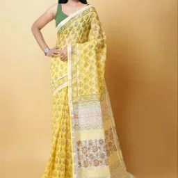 Unnati Silks Yellow Floral Print Saree With Unstitched Blouse-picture-11