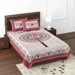 JaipurFabric Pink Pure Cotton 180 TC Festive Creation Single Bedsheet with 2 Pillow Covers-image-98