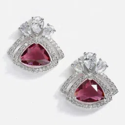 Zeneme Rhodium Plated Silver Red Crystal AD Studded Floral Shaped Stud Earrings image 4