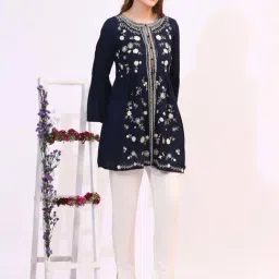 W for Woman Navy Blue Thread Embroidered Modal Cotton Top with Front Buttons image 4