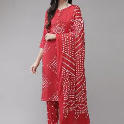 Ishin Red Printed Kurta Pant Set With Dupatta image 1