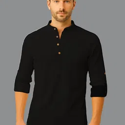 BHUVIKOO Band Collar Roll-Up Sleeves Straight Short Kurta-image-72