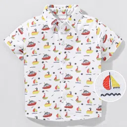 Babyhug Half Sleeves Cotton Knitted Boat Print Shirt- - White-picture-10