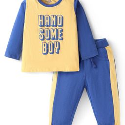 Doodle Poodle Single Jersey Knit Full Sleeves T-Shirt & Lounge Pant Set With Text Print- Yellow & Blue-picture-33