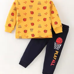 Bodycare Cotton Knit Full Sleeves T-Shirt & Lounge Pants Set With Basketball Print - Mustard & Navy-image-96