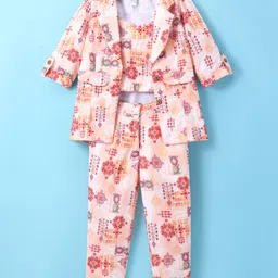 Enfance Full Sleeves Abstract Printed Jacket With Coordinating Crop Top & Pant Set - Peach-image-8
