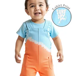 Babyoye 100% Cotton Knit Half Sleeves Text Printed T-Shirt & Dungaree Style Romper with Tie & Dye - Light Blue & Orange-image-30