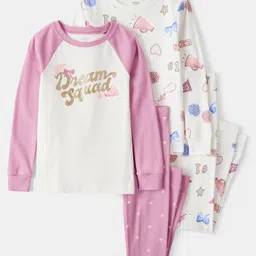 Carter's Knit Full Raglan Sleeves Co-ord Night Suits With Heart Print Pack of 2 - White & Plum-picture-16