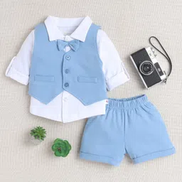 BUMZEE Cotton Knit Full Sleeves Solid 3 Piece Party Suit With Bow Applique - Light Blue-picture-26